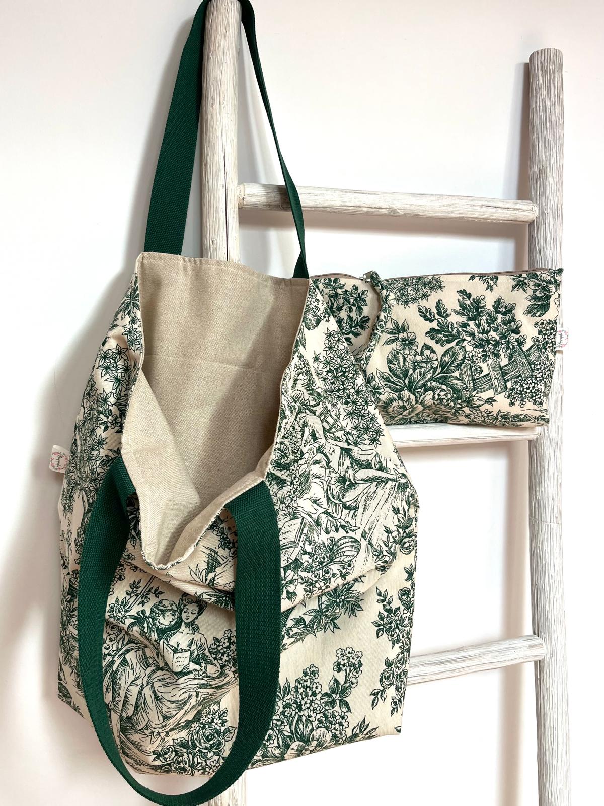 Bolsa Pepa reversible Toile de Jouy verde